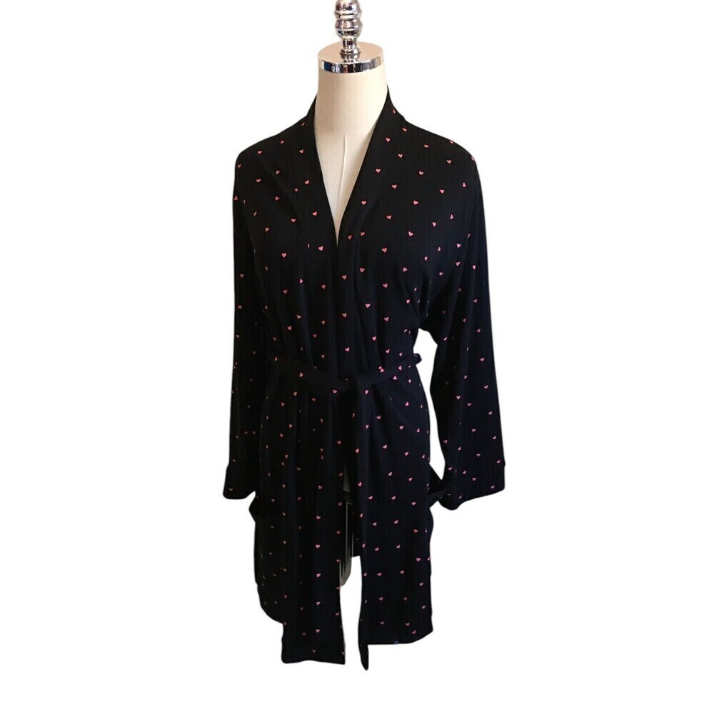Plush Night Robe Women's Size Small Black Pink Hearts Cotton Blend